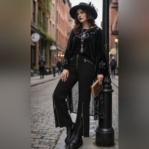 Y2k 90s Zippered Wide Leg Low Rise Flared Pants Black Grunge Small Whimsigoth